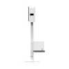 Capture Your Spin The 15.6” LG Touch Screen Selfie Mirror Photo Booth, a tall and slim white electronic kiosk equipped with sensors, stands elegantly from the side on a white background, resembling a modern selfie mirror.